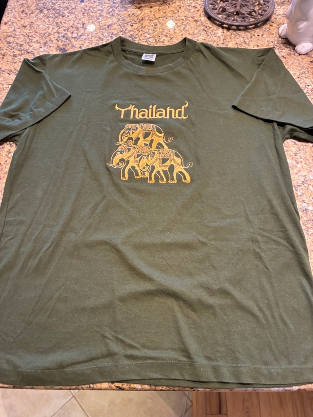 Thailand Elephant Graphic Tee - Olive Green with Yellow Print